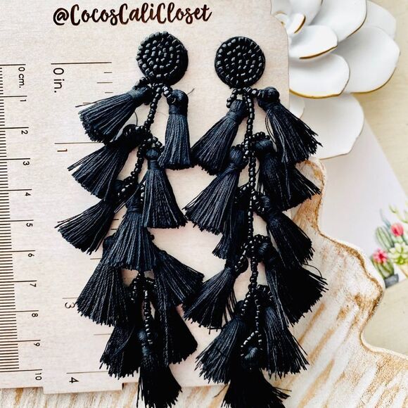 Boho Tiered Black Tassel Beaded Drop Earrings NWT - Picture 3 of 5